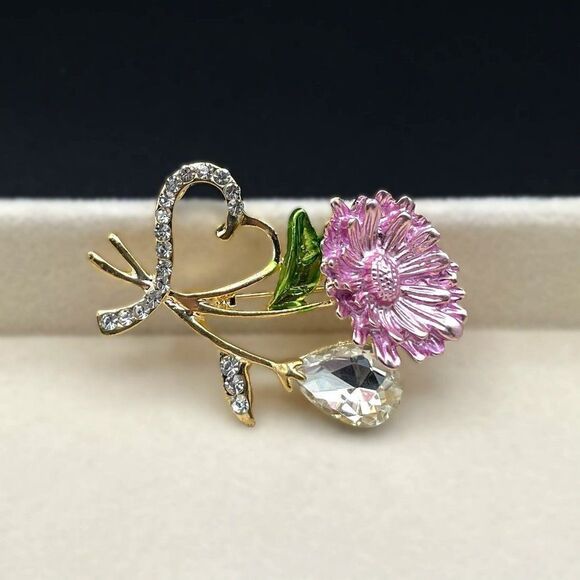 Yellow Gold with White Diamond Crystal Enamel Daisy and Heart Pin Back Brooch - Picture 3 of 7